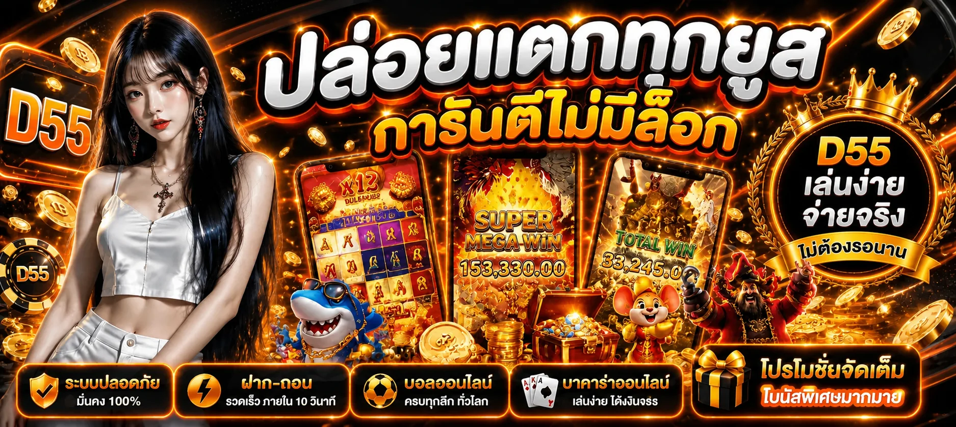 ภาพเกมสล็อต D55 และฟีเจอร์เกมยอดนิยมโทนดำส้ม